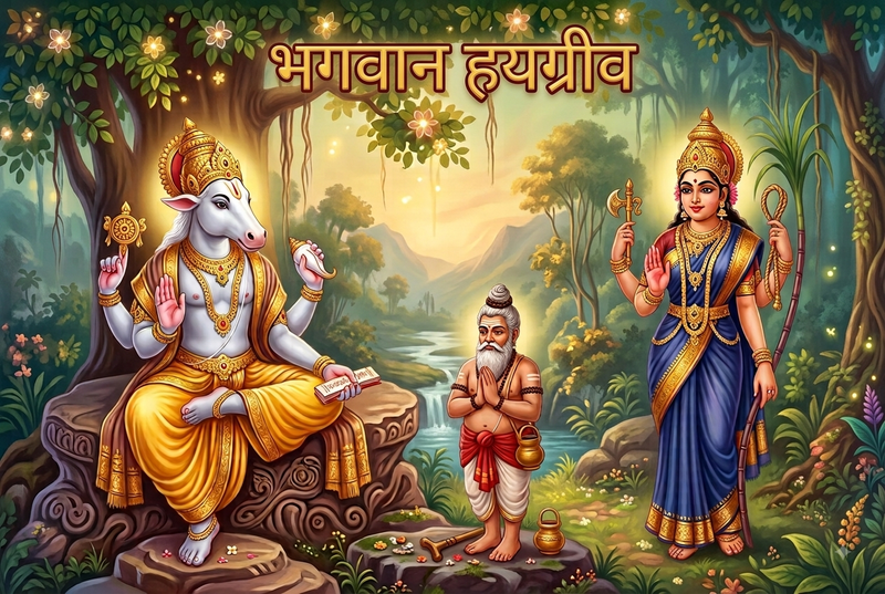 भगवान हयग्रीव, महर्षि अगस्त्य और माँ त्रिपुर सुंदरी का एक चित्र।