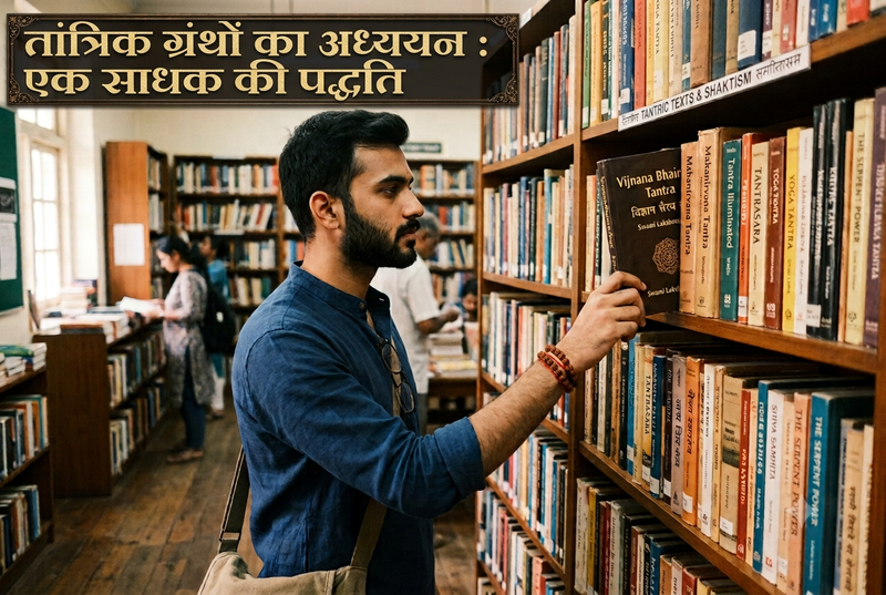 पुस्तकालय में अलमारी से एक पुस्तक निकालकर देखते हुए एक युवा हिंदू व्यक्ति का चित्र।