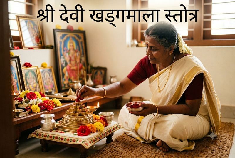 श्री देवी खड्गमाला स्तोत्र पर लेख के लिए मुख्य चित्र, जिसमें एक स्त्री श्री यंत्र की उपासना करती हुई दिखाई गई है।