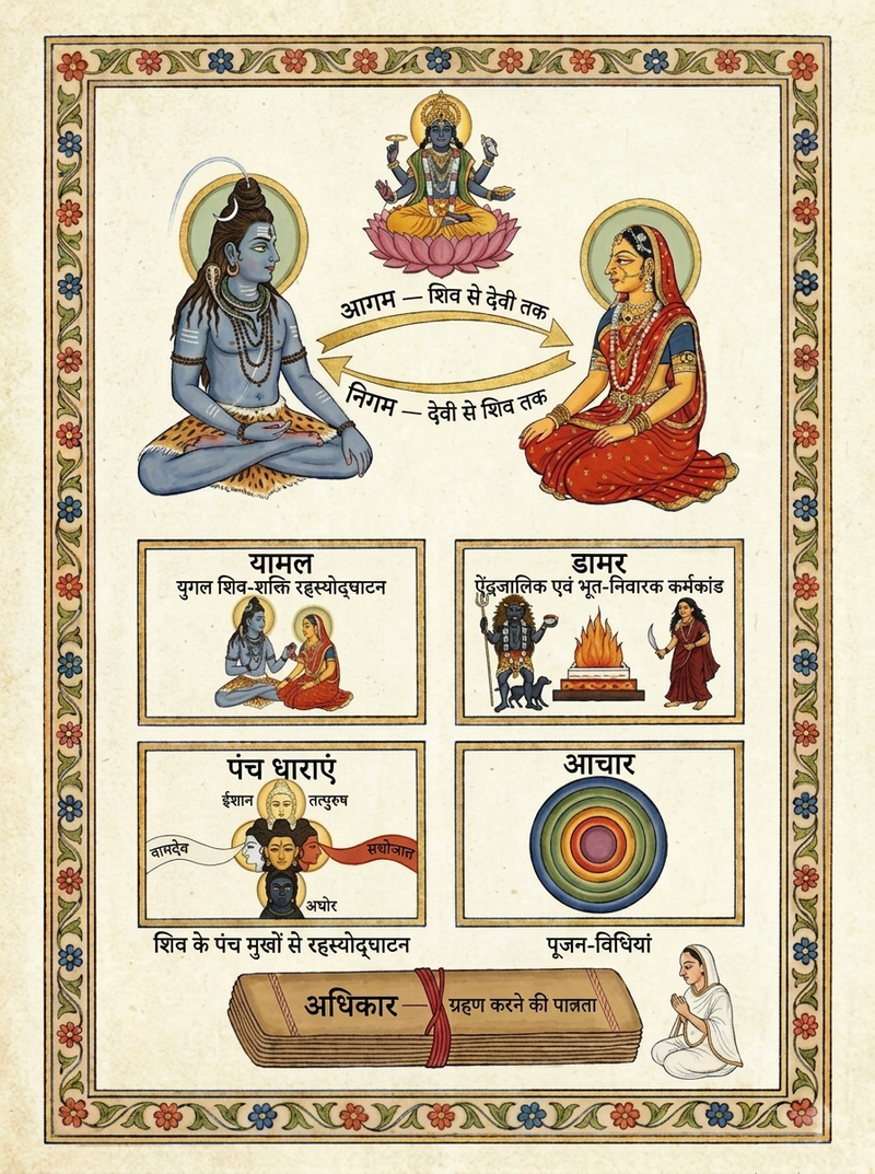 भगवान शिव और देवी पार्वती के मध्य संवादों के रूप में प्रकट तांत्रिक ग्रंथों को समझाता हुआ ए-आई द्वारा निर्मित इन्फोग्राफिक।