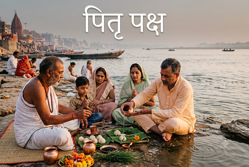 पितृ पक्ष के दौरान एक पुरोहित के साथ पिंड दान अनुष्ठान का ए-आइ द्वारा निर्मित चित्र।