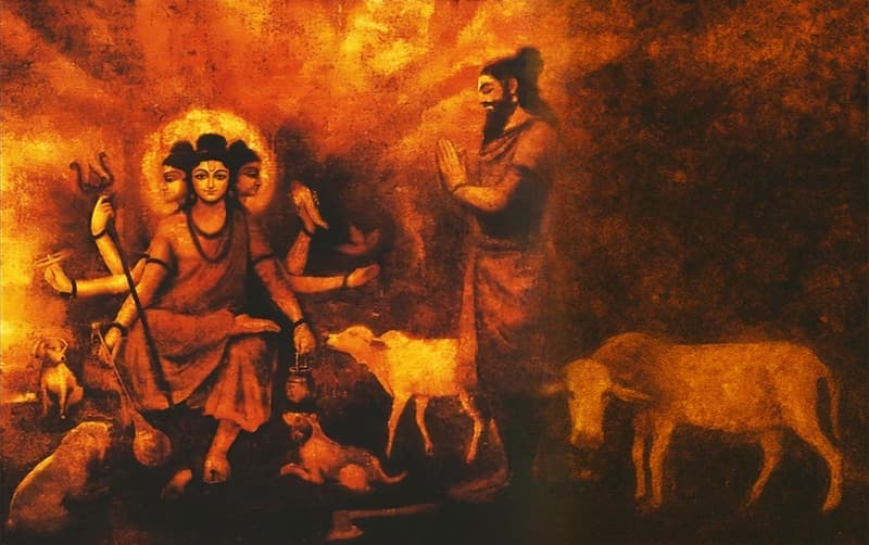 An illustration of Lord Dattatreya with His disciple, Lord Parshuram, along with a few animals.