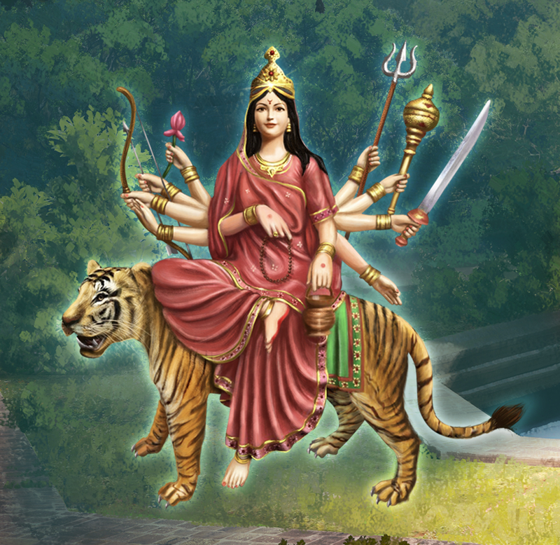The standard iconography of Goddess Chandraghanta.