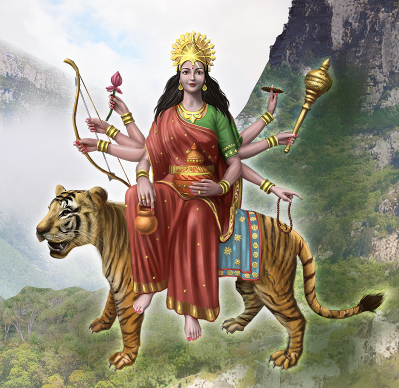 The standard iconography of Goddess Kushmanda.