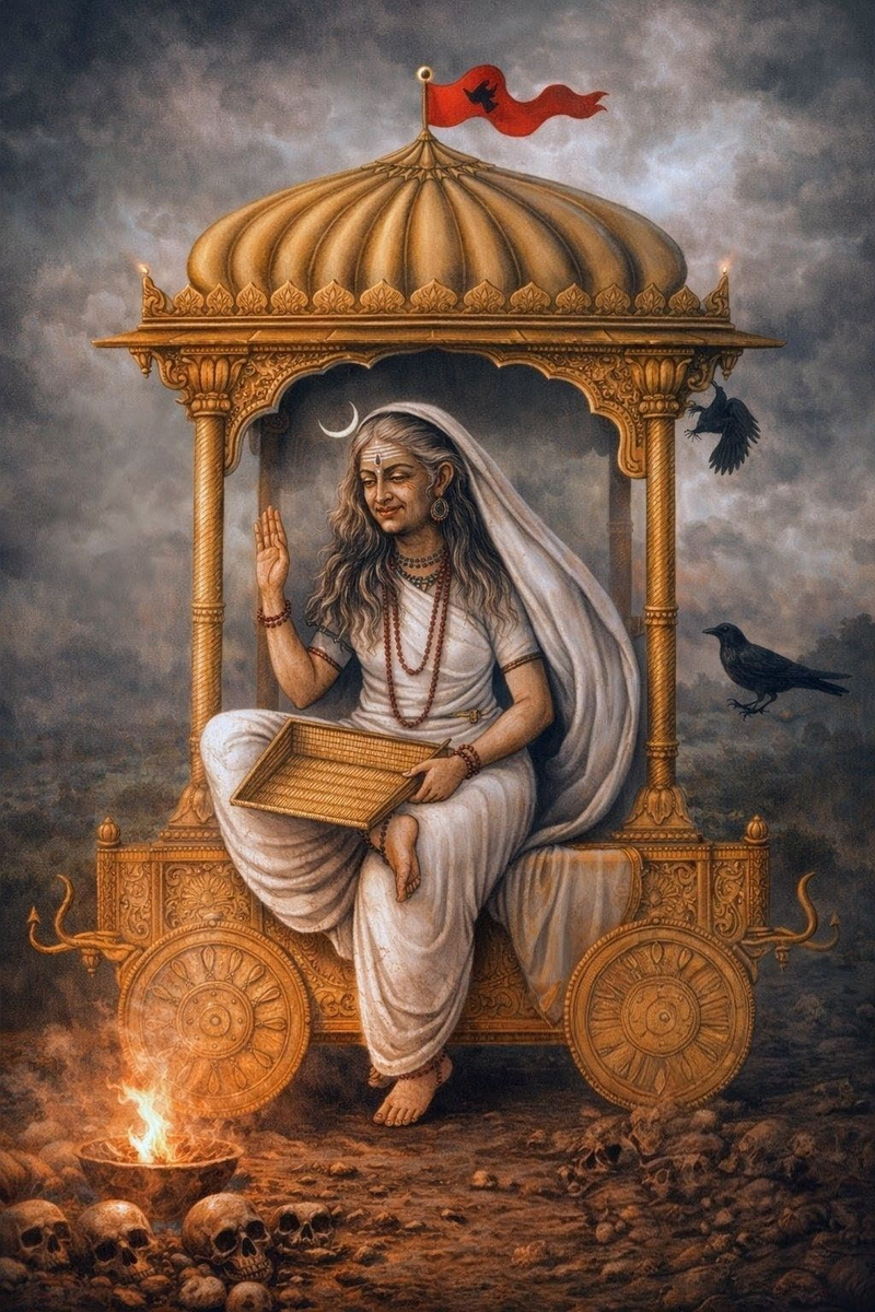 The standard iconography of Goddess Dhumavati.
