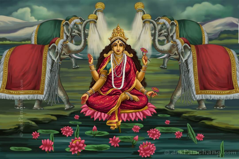 देवी कमलात्मिका का मानक मूर्तिशास्त्रीय चित्रण।