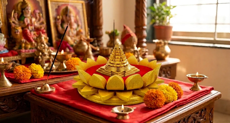 An image of a Sri Yantra worshipped in front of idols of deities.