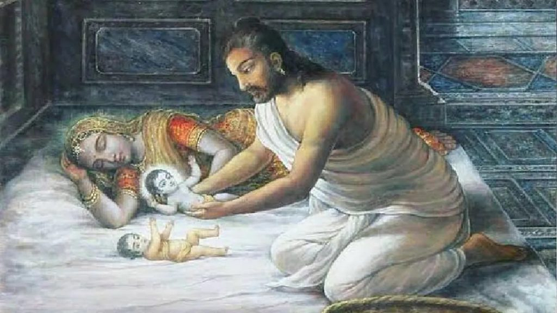 यशोदा के शिशु के स्थान पर श्री कृष्ण को रखते हुए वसुदेव का चित्रण।