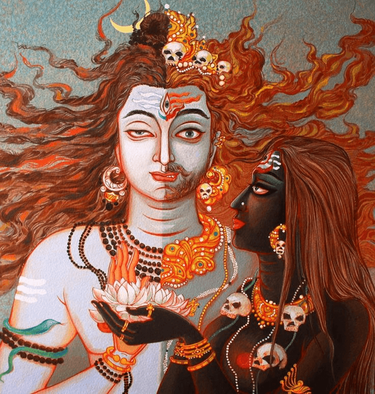 A painting of Lord Shiva and Ma Kali, where Lord Shiva’s half portrays Shiva and right half portrays Kala Bhairava. Lord Shiva displays an Abhaya Mudra with His right Hand. Ma Kali holds up a pink lotus in front of Him.
