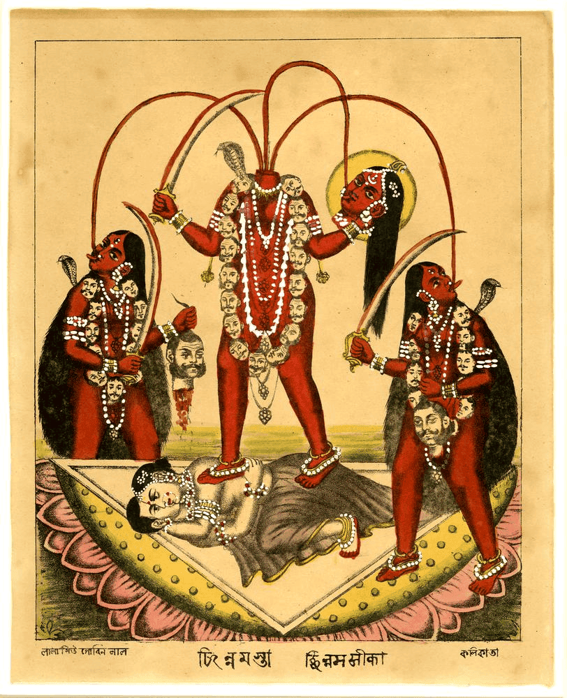 यह माँ छिन्नमस्ता की एक कलाकृति है, जिसमें वे संभोगरत कामदेव और रति के युगल पर स्थित हैं। माँ अपने बाएँ हाथ में अपना ही विच्छिन्न मस्तक धारण की हुई हैं, और उनके ग्रीवाभाग से रक्त की ३ धाराएँ प्रवाहित हो रही हैं — जिनमें से २ उनकी २ महिला सहायिकाओं के मुख में तथा १ स्वयं माँ के मुख में प्रविष्ट हो रही हैं।