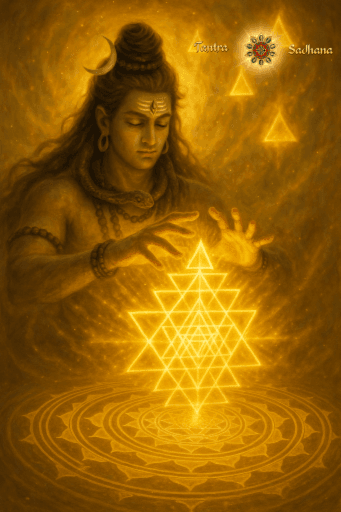An AI=generated visual of Lord Shiva creating or manifesting a glowing, golden Sri Chakra Yantra between His hands.
