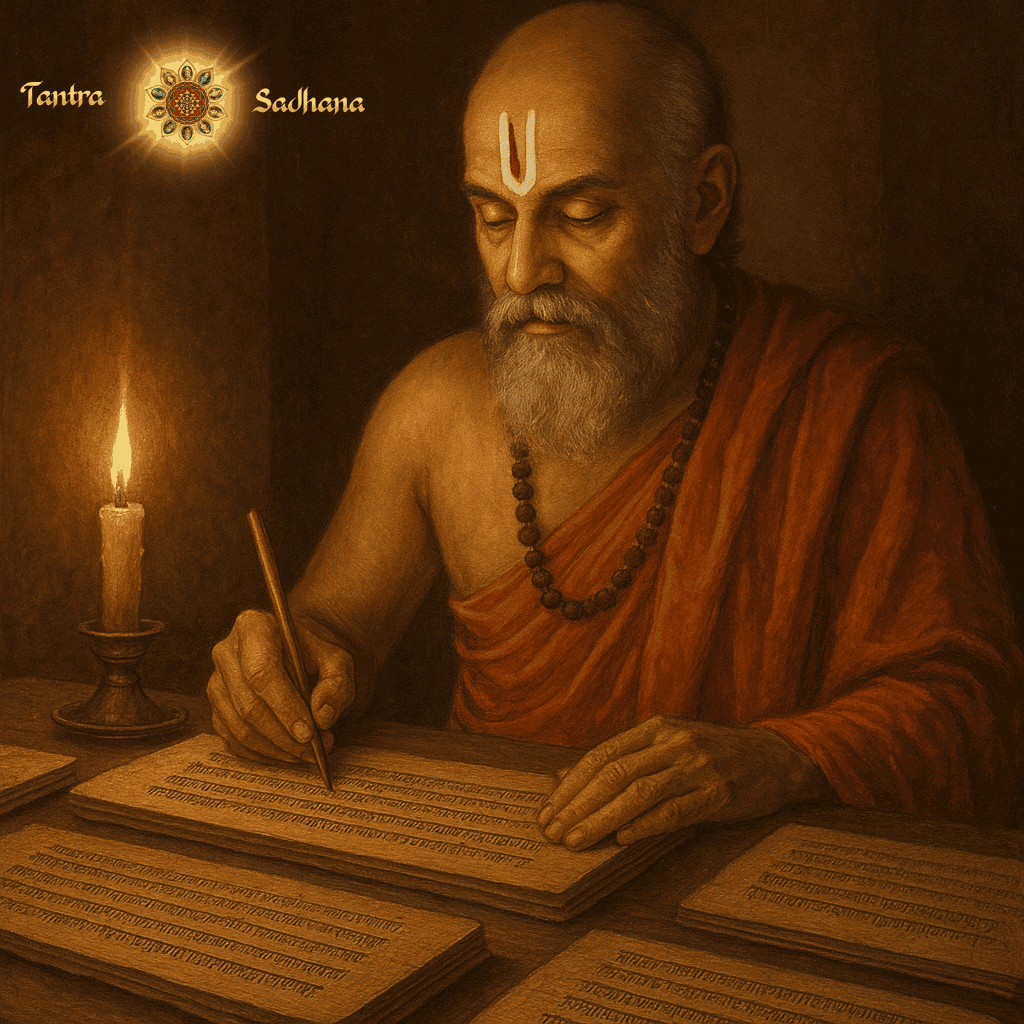 An AI-generated illustration of a sage writing sanskrit scriptures in candlelight. He has a white beard and moustache and is wearing saffron robes and a Rudraksha Mala.