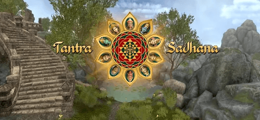 The image is a screenshot of the loading screen of the the Tantra Sadhana App, showing its logo and a 3D environment of one of the Das Mahavidyas as its background.