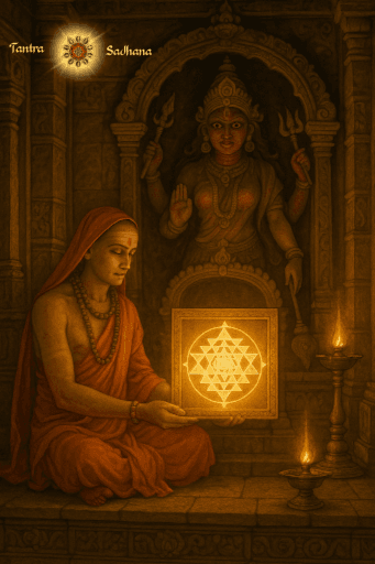 ए.आई. द्वारा निर्मित एक कलात्मक चित्र, जिसमें जगद्गुरु आदि शंकराचार्य मंदिर की भूमि पर पद्मासन में बैठें हैं और मानव-आकार की देवी-प्रतिमा के सम्मुख एक श्री चक्र यंत्र को ऊर्ध्वाधर रूप में धारण किए हुए हैं।