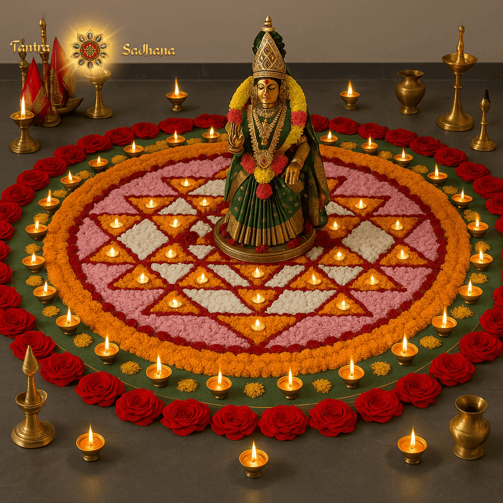 यह एक ए.आई. द्वारा निर्मित चित्र है, जिसमें विविध पुष्पों और पुष्प-पंखुरियों से बनाई गई एक श्री यंत्र रंगोली दर्शित है। इसके ठीक मध्यभाग में देवी की एक धातु-प्रतिमा स्थापित है, जो रंगोली को अलंकृत करने वाले असंख्य दीपकों की ज्योति से दीप्त हो रही है।