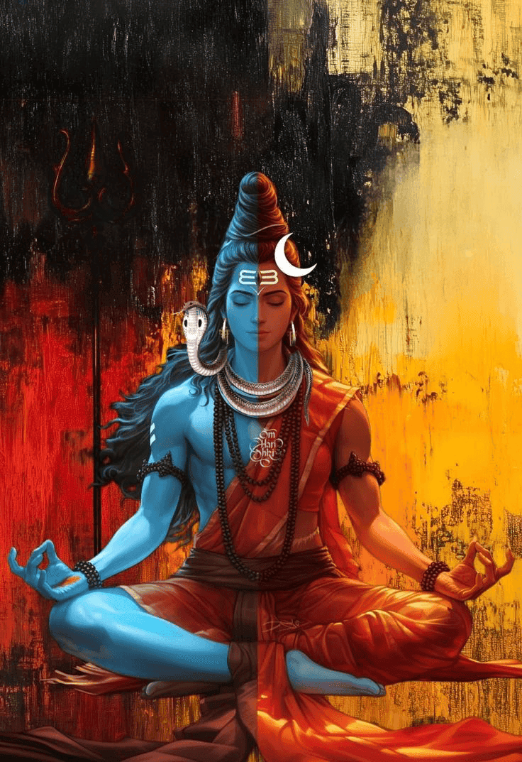 A colourful, artistic painting of Shiva and Shakti meditating in the Ardhanarishwara form.