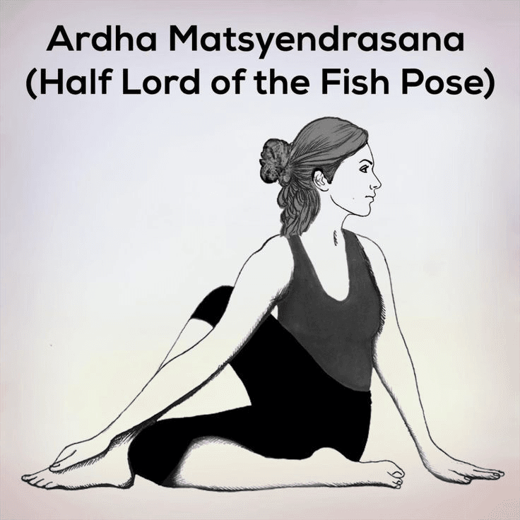 A black-and-white illustration of a woman in Ardha Matsyendrasana.