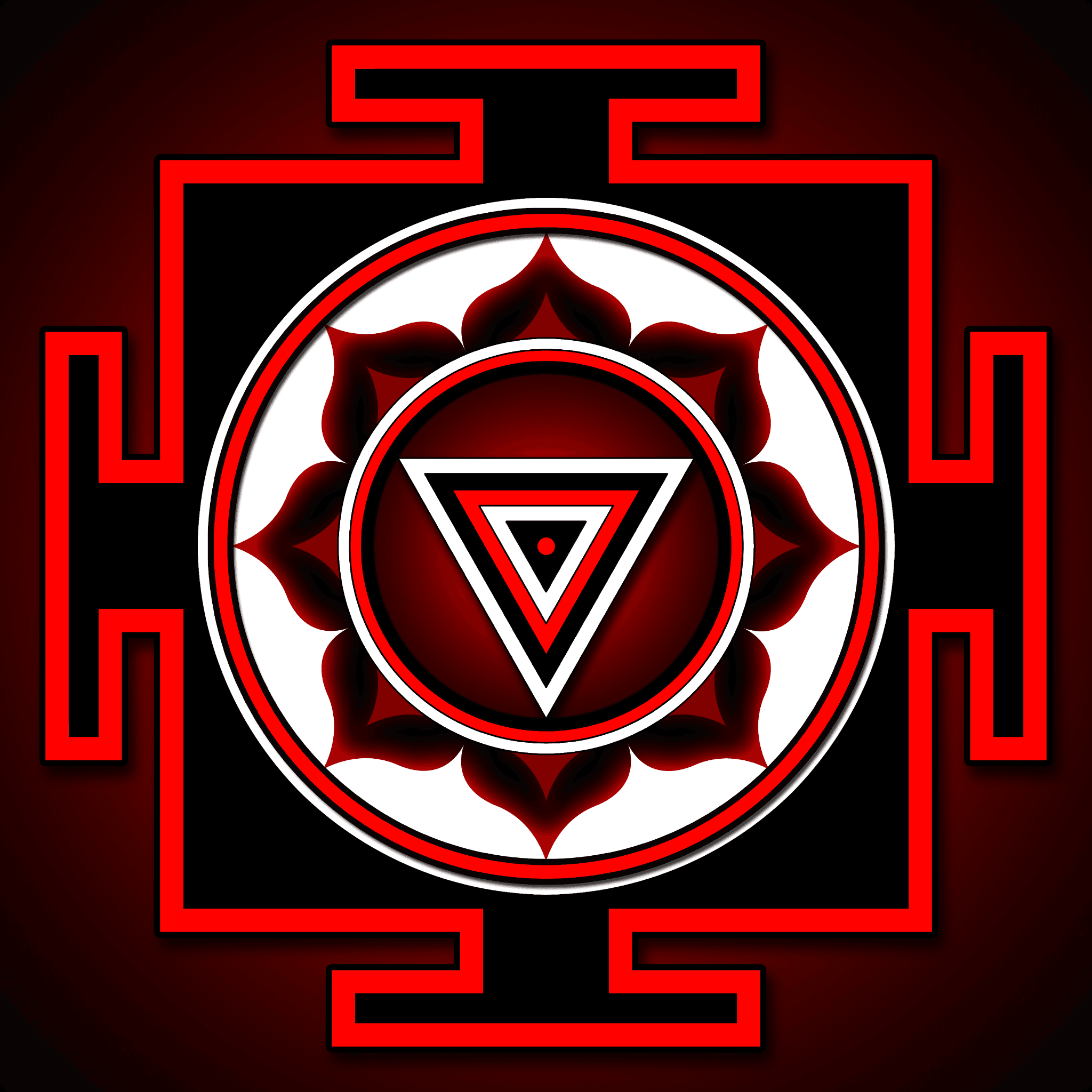 An image of the Kali Yantra in the colours red, black and white.