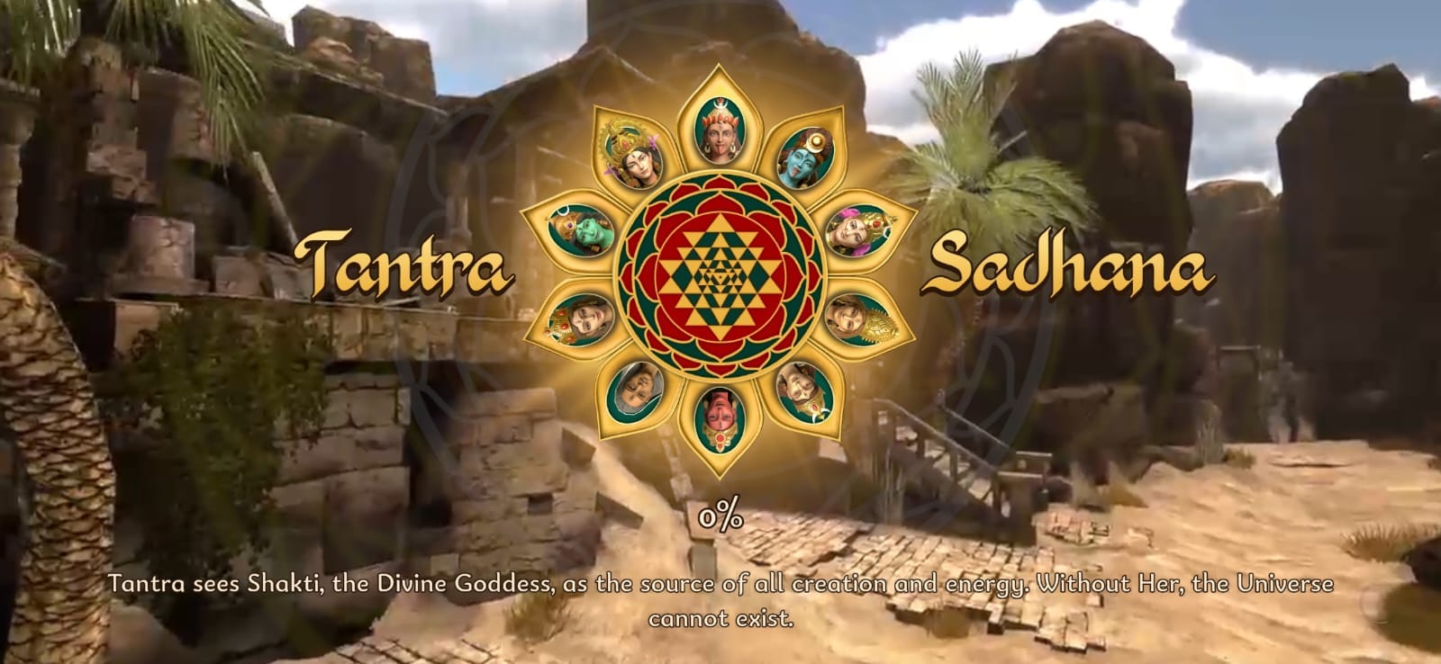 A screenshot of the Tantra Sadhana app loading screen displaying the app's logo and environments.