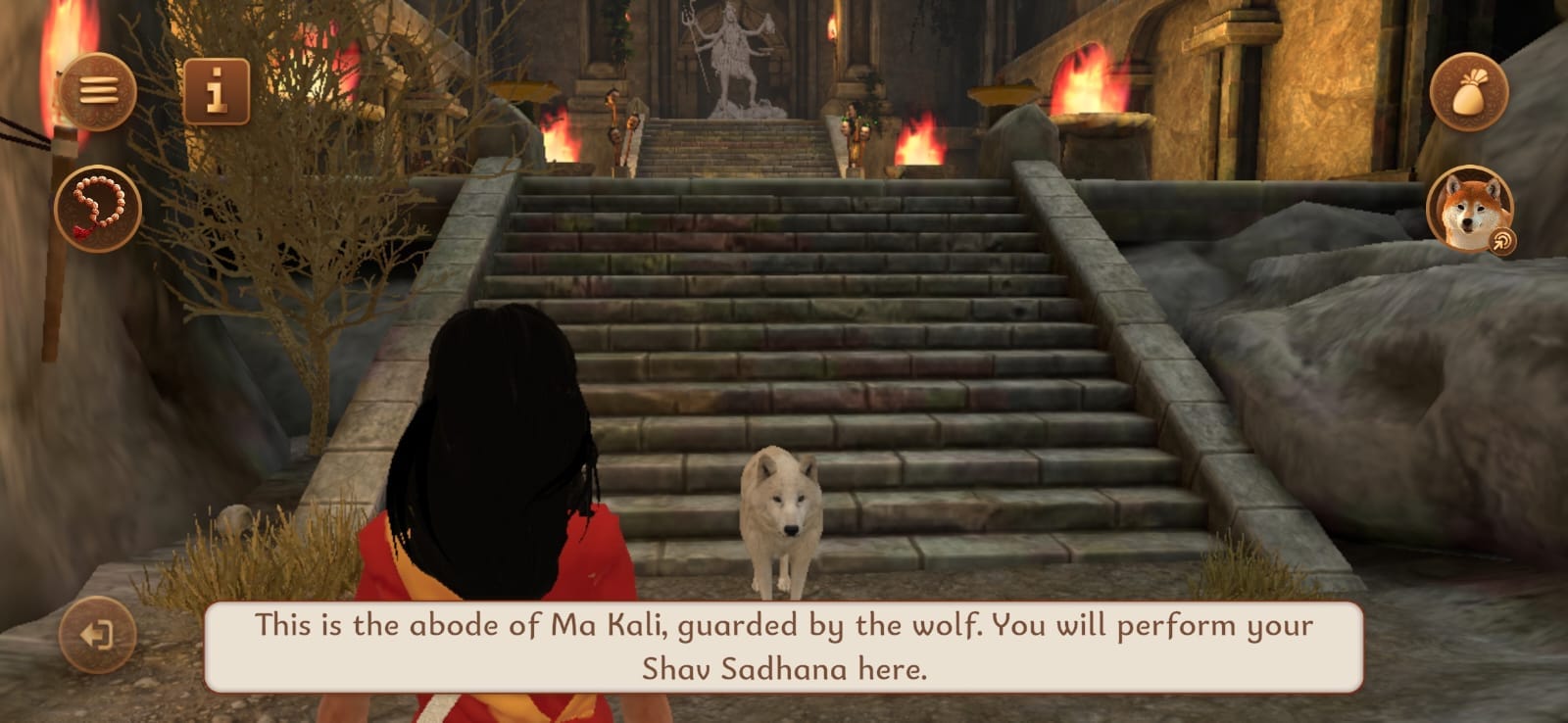 Screenshot from the Tantra Sadhana App showing a wolf guarding the ground for Shava Sadhana.