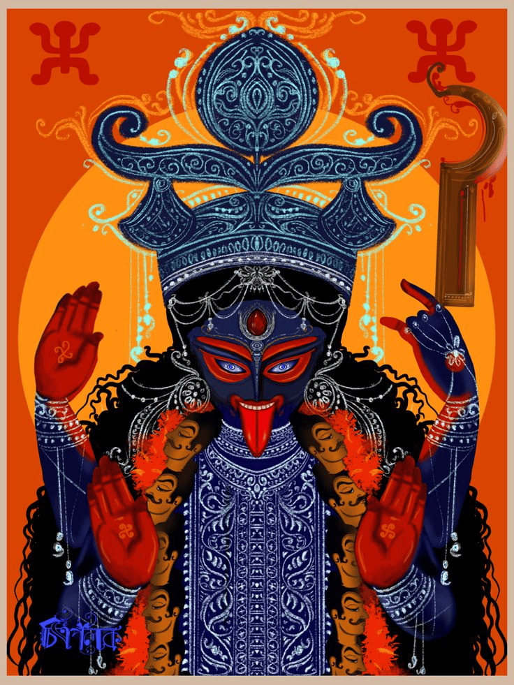 माँ काली का एक रचनात्मक चित्रण जिसमें वे अपने 4 हाथों से विभिन्न मुद्राएँ दिखा रही हैं।
