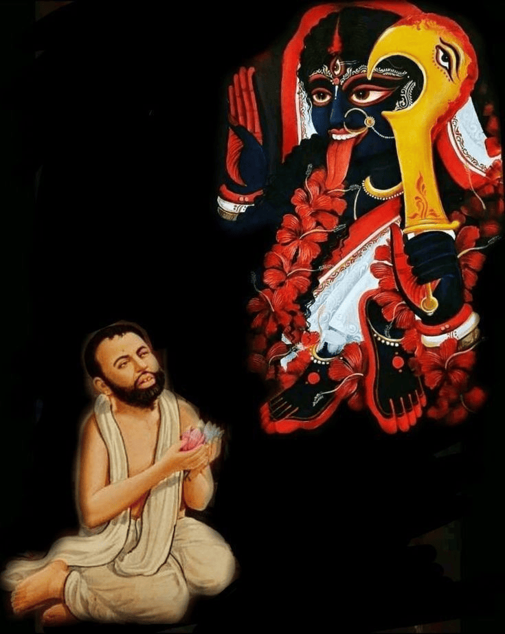 स्वामी रामकृष्ण परमहंस का पूर्ण समर्पण में माँ काली की प्रार्थना करते हुए एक चित्र।