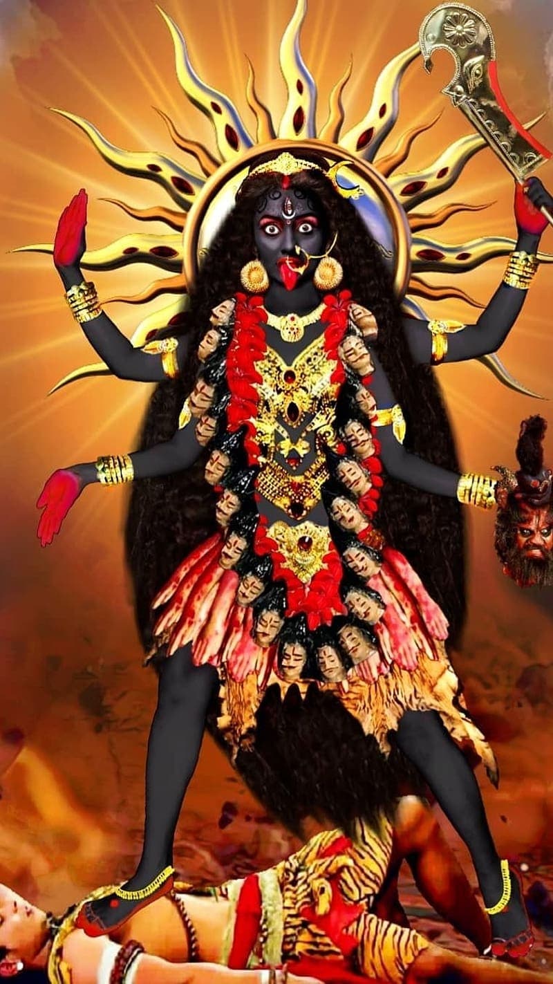 An illustration of an enraged Ma Kali standing atop a lying Lord Shiva.