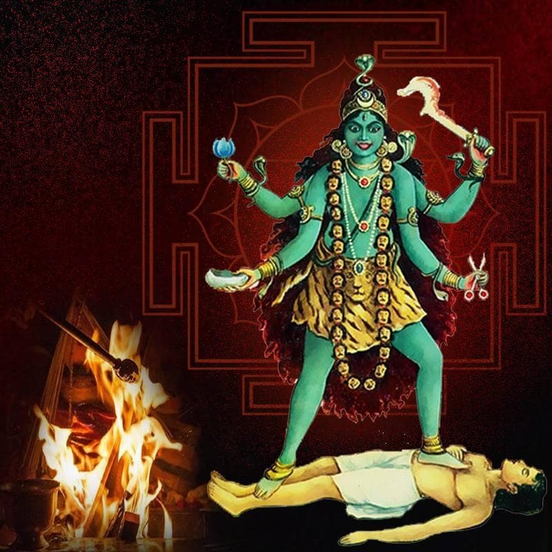 A creative depiction of Ma Tara standing atop a lying Lord Shiva with a Yantra in the background and a flame on the left.