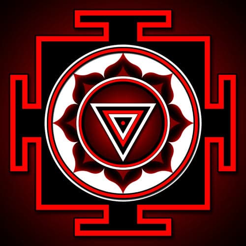 A picture of Ma Kali's Yantra with red, black and white colours.