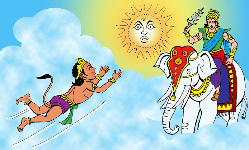 An illustration of Bal Hanuman flying to the Sun and Lord Indra trying to stop Him.