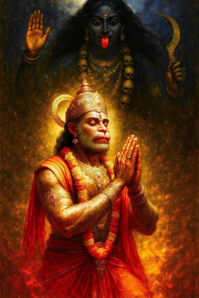 एक चित्र जिसमें नेत्र बंद किए और हाथ जोड़े हुए भगवान हनुमान हैं तथा पृष्ठभूमि में विराट माँ काली।