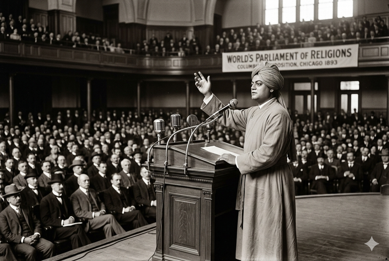 A black-and-white, AI-generated image of Swami Vivekanand giving his iconic speech in Chicago.