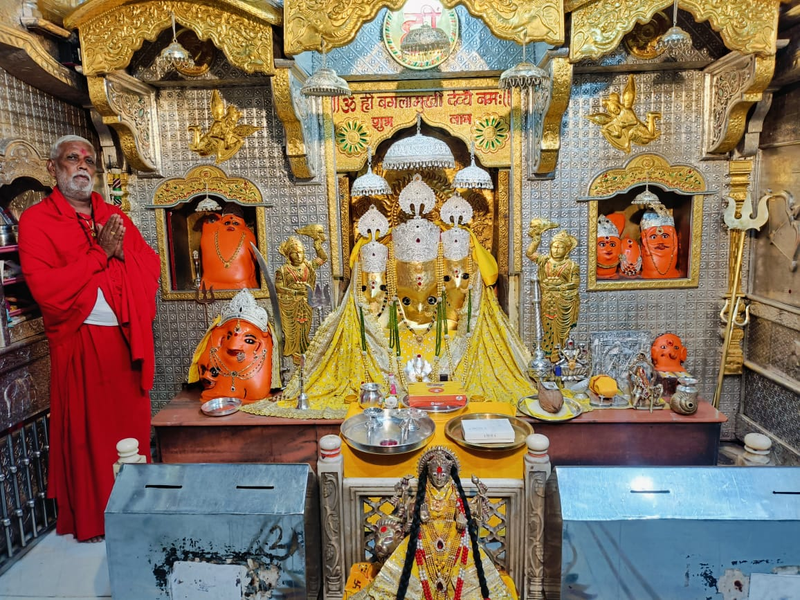 A photo of Ma Bagalamukhi's idol inside Her famous temple in Nalkheda.