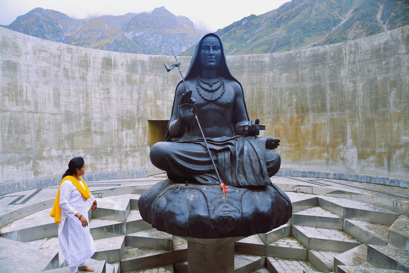 A statue of Jagadguru Adi Shankaracharya over a large Sri Yantra at his place of Samadhi.
