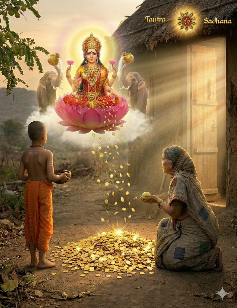 An AI-generated image of Adi Shankaracharya invoking Goddess Lakshmi for the poor woman through the Kanakadhara Stotram.