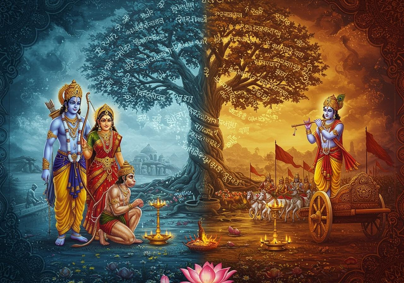 An illustration showing Lord Ram, Ma Sita, and Lord Hanuman in the left half and Lord Krishna in the right half.