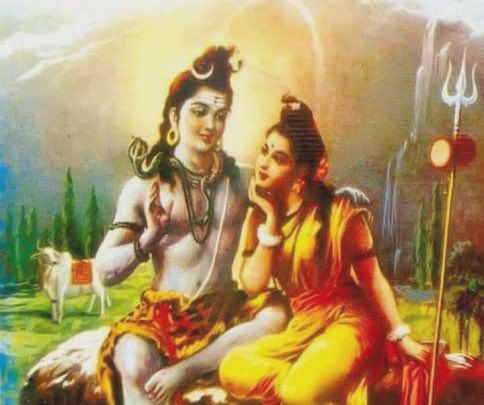 An illustration of Lord Shiva and Goddess Uma having a deep conversation.