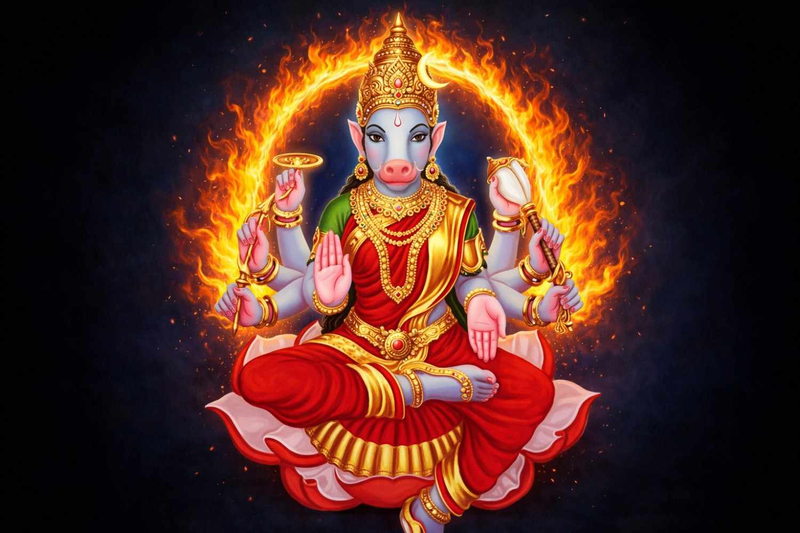 An illustration of the standard iconography of Goddess Varahi.