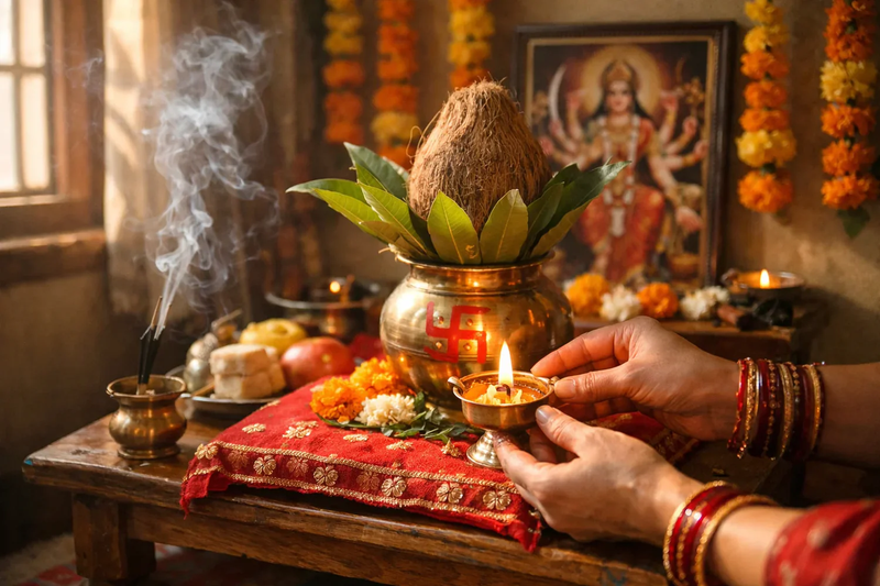 नवरात्रि की घटस्थापना का एक छायाचित्र।