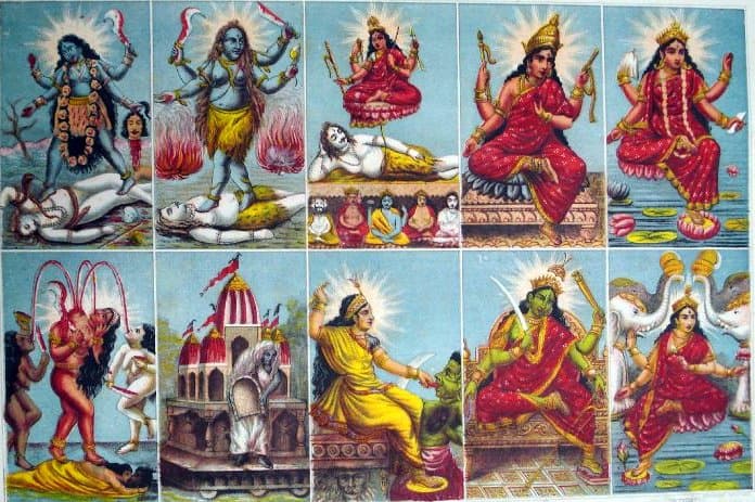 दशमहाविद्याओं के मूर्तिशास्त्रीय चित्रणों का एक कोलाज।