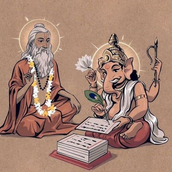An illustration of Sage Veda Vyasa dictating and Lord Ganesha writing scriptures.