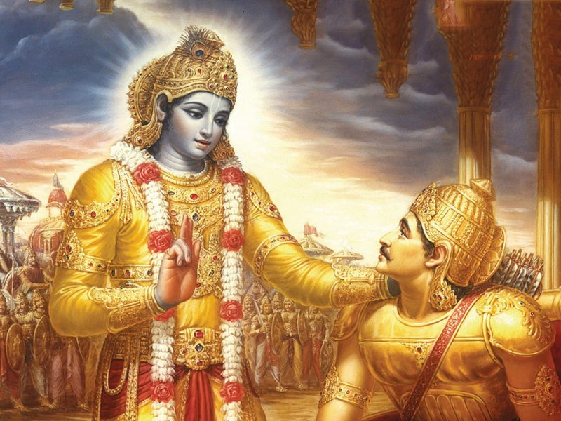 An illustration of Lord Krishna advising Arjuna on the battlefield.