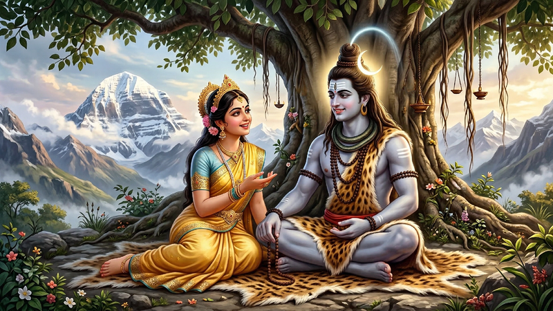 An illustration of Lord Shiva speaking with Goddess Parvati under a tree.