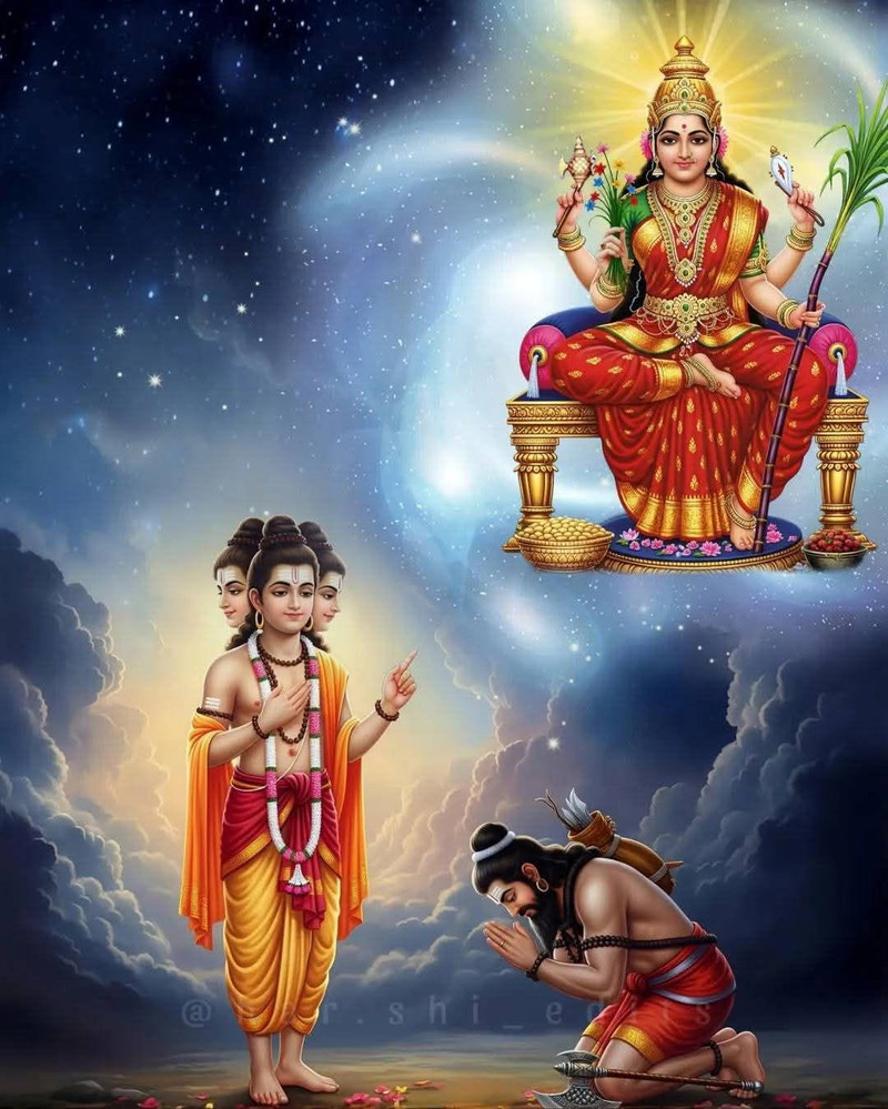 An illustration of Lord Dattatreya advising Lord Parshuram while Goddess Tripura Sundari watches them from above.