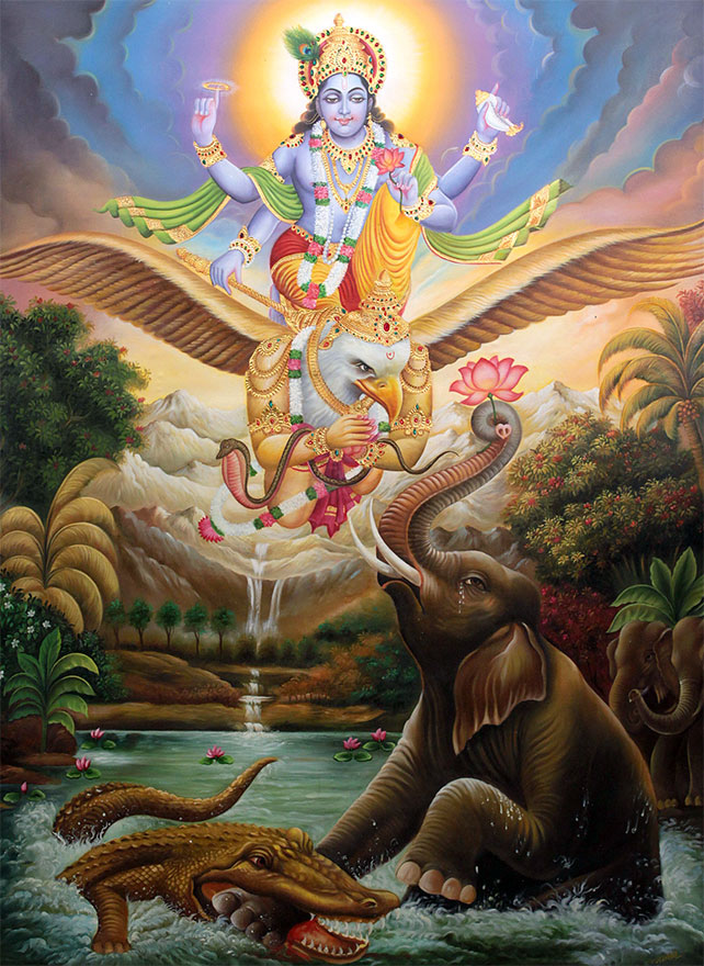An illustration visualising the story of Gajendra Moksh.