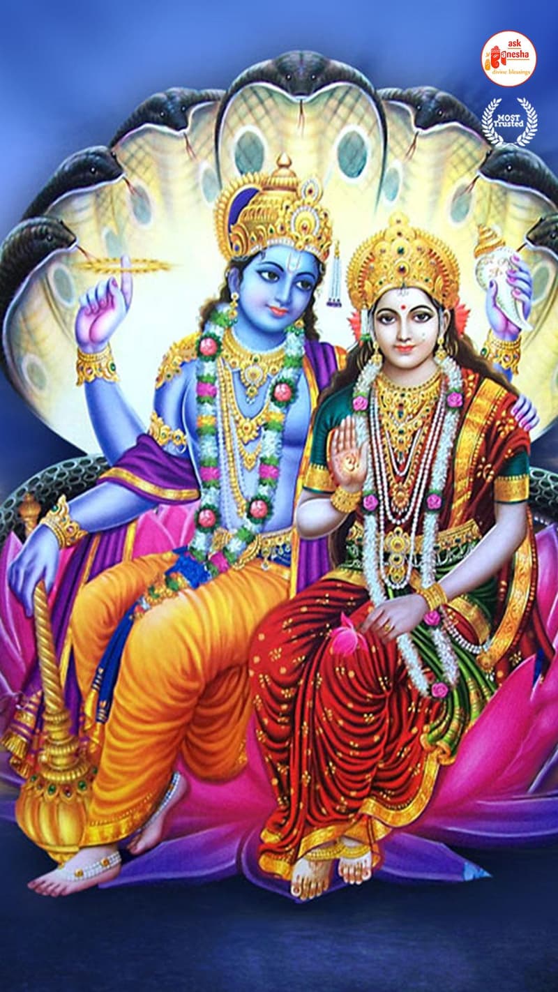 भगवन नारायण एवं देवी लक्ष्मी का एक चित्रण।