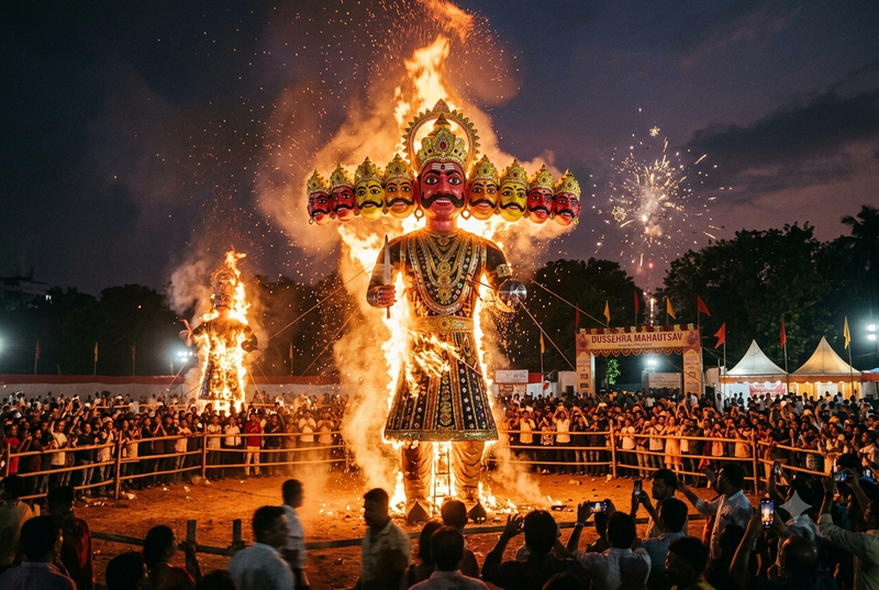 An image showing Ravan's effigy being burned on Dussehra.