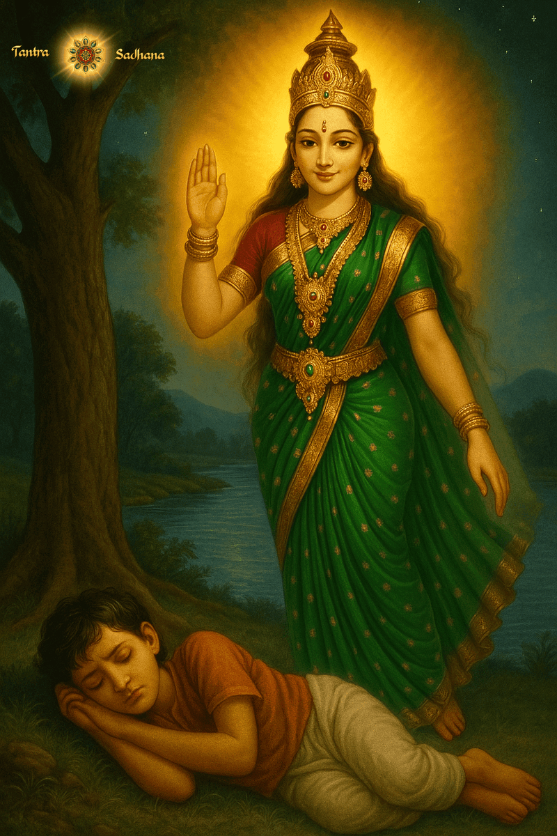 An AI-generated image illustrating Ma Bhuvaneshwari standing behind a sad, sleeping child under a tree and blessing him with Abhaya Mudra.