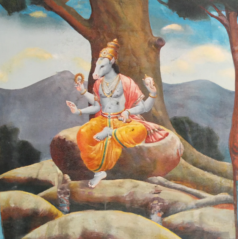 An illustration of Lord Hayagriva sitting under a tree.