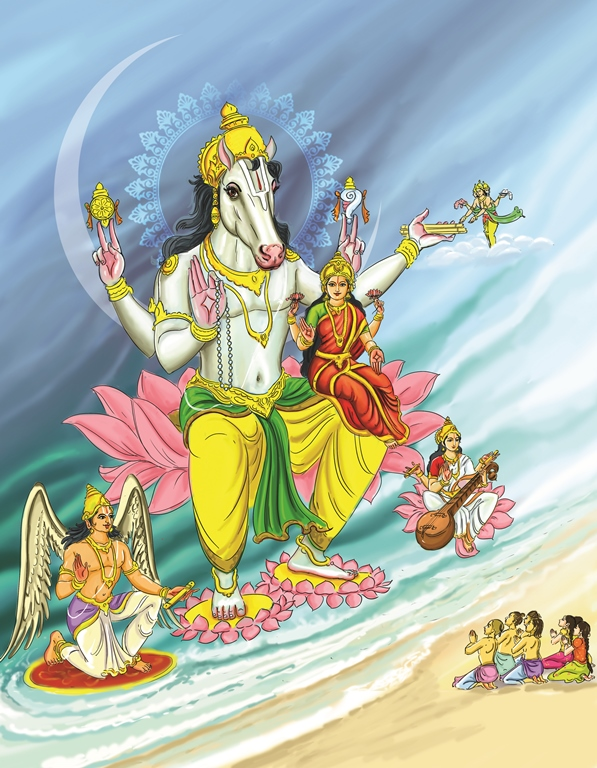 An illustration visualising the story of Lord Hayagriva recovering the Vedas.